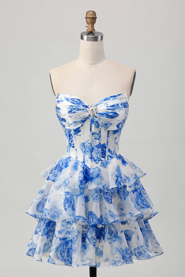 White Blue Floral A-line Sweetheart Corset Tiered Short Homecoming Dress